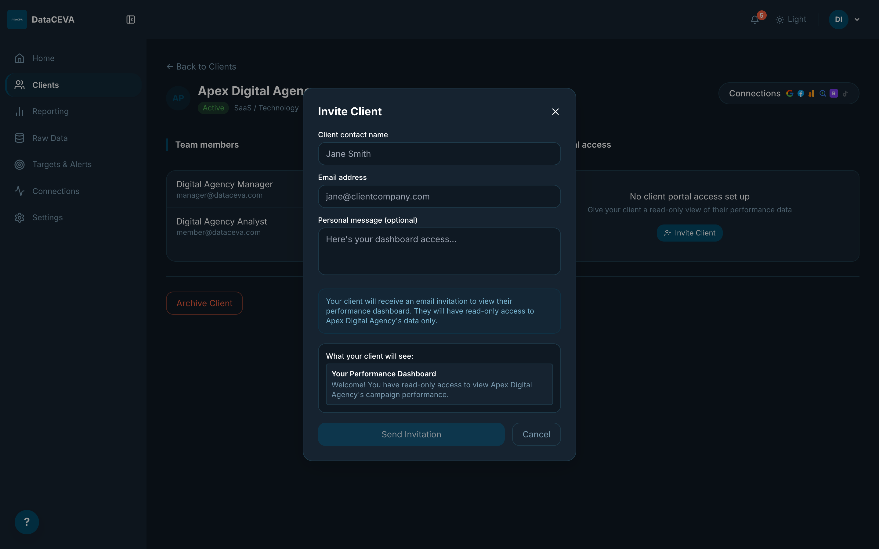 Invite client modal